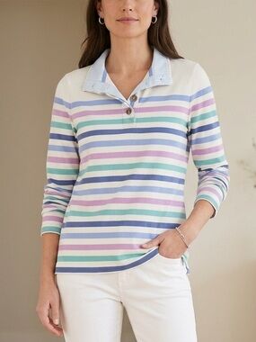 Appleseed’s Striped Polo Top M Pastel Coastal Grandmother Preppy Chic